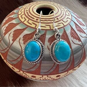 ❤️ Kingman BlueBird Turquoise Sterling Navajo Style Dangle Earrings 1.21”L